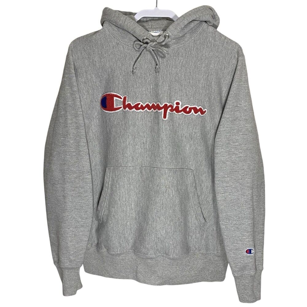 Vtg Champion Reverse Weave Hoodie Mens M Gray Embroidered Logo Spellout 90s Y2K